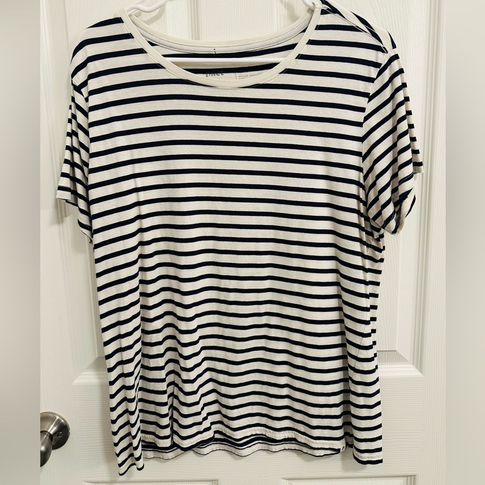 Pact Organic Cotton T Shirt Womens Size Large Navy Blue White Striped Tee Top